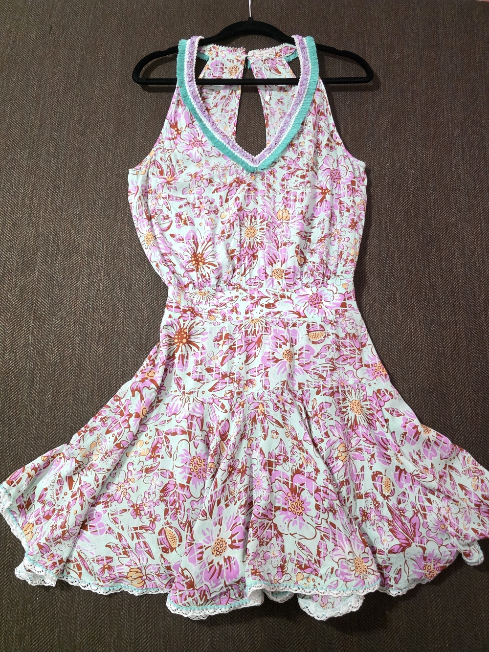 Poupette St Barth Pink Floral Halter Dress with Aqua Trim